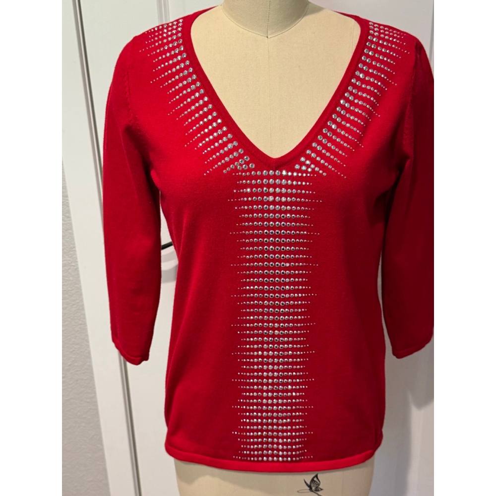 Women's Belldini Red V-Neck Sweater with Silver rhinestone Embellishments, M